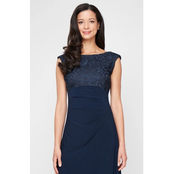 Alex Evenings Lace and Jersey Long Empire Waist Gown in Navy - Picture 9 of 11